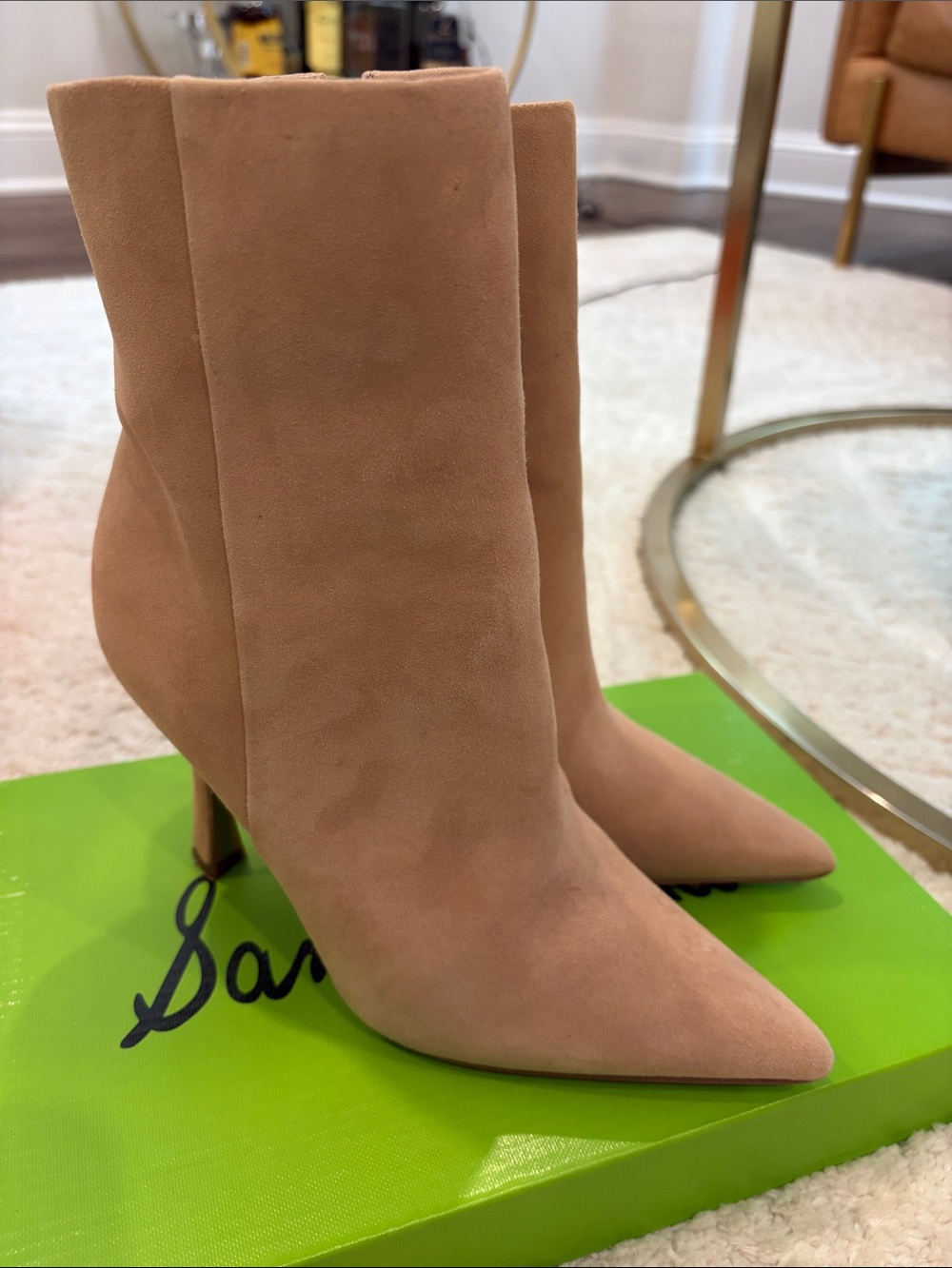 Suede Pointed-Toe Mid-Heel Ankle Boots - Tan
